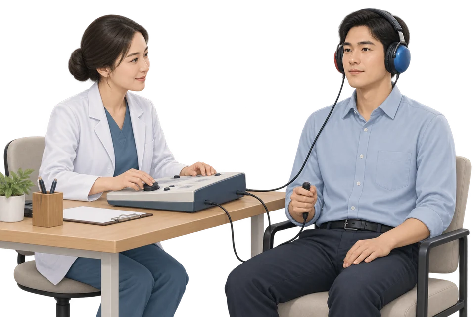 An employee wearing audiometry headphones and holding a response button during a hearing test
