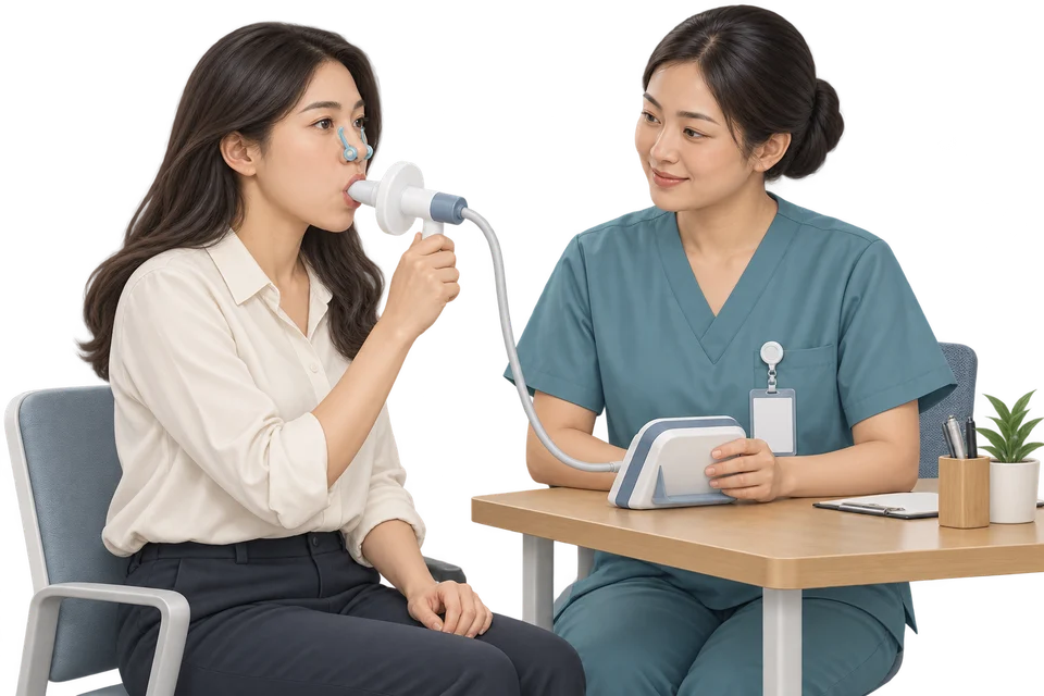 A healthcare professional supervising an employee's spirometry test
