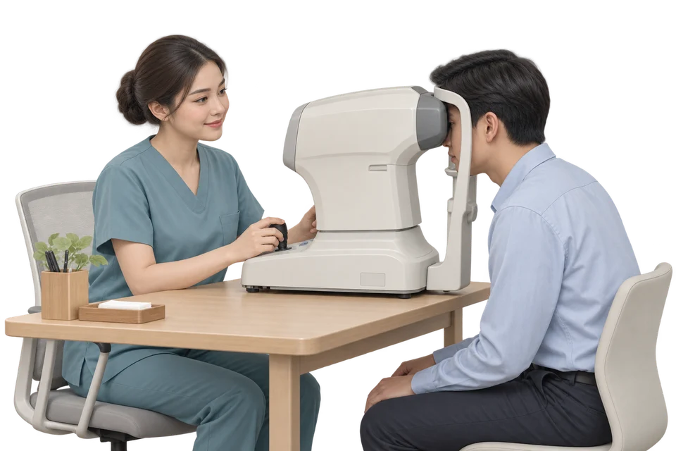 A healthcare professional assisting an employee during vision screening